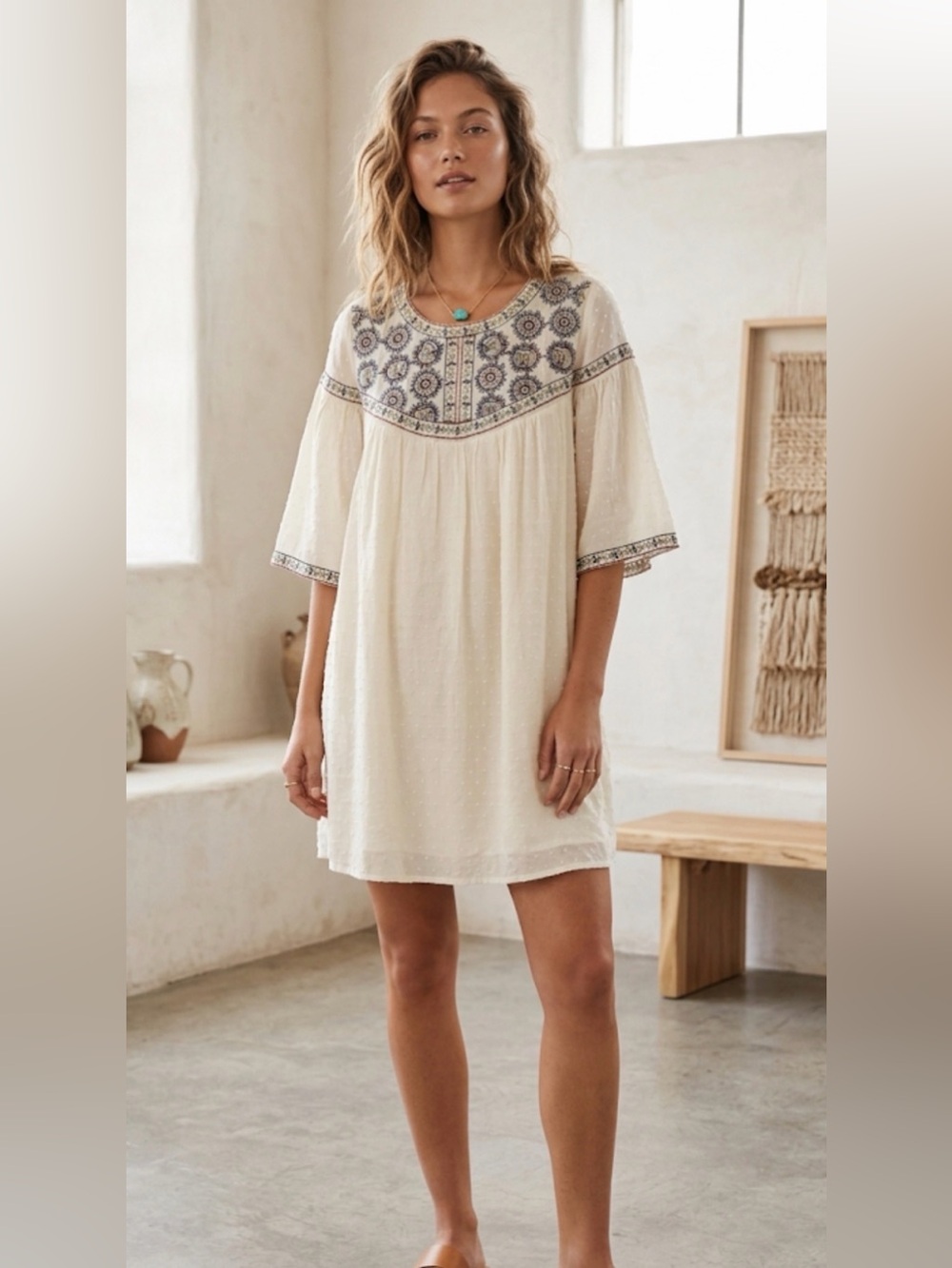 entro Cream Embroidered Boho Tunic with Purple & Brown Accents